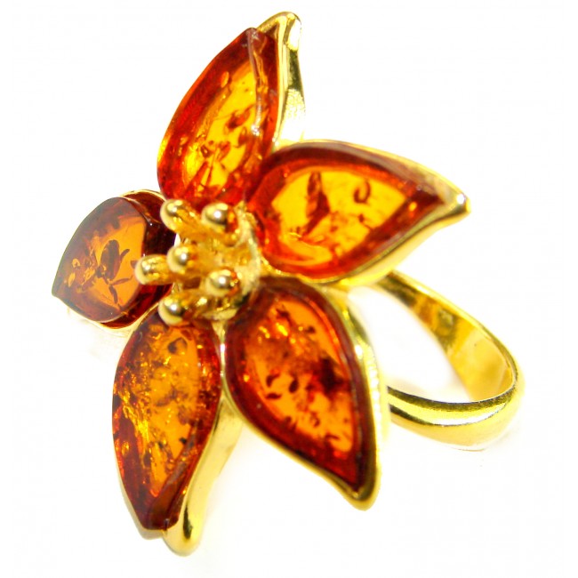 Summer Friday Authentic Baltic Amber 18K Gold over .925 Sterling Silver handcrafted ring; s. 7 adjustable
