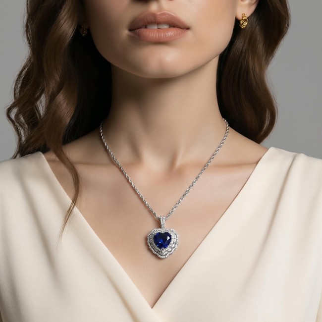 Blue Royalty 6.8 carat Sapphire .925 Sterling Silver .925 Sterling Silver Statement Heart Necklace - photo 2