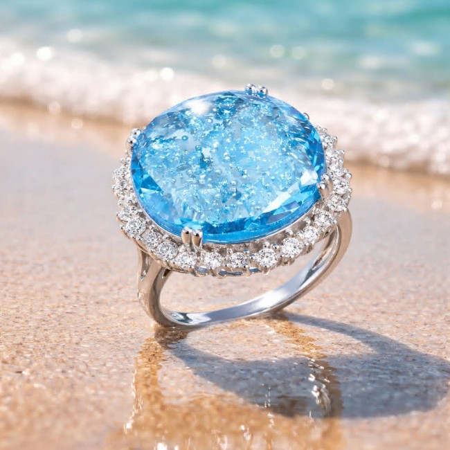 16.5 carat authentic Swiss Blue Topaz .925 Sterling Silver dipped in rhodium handmade Statement Ring size 8 - photo 4