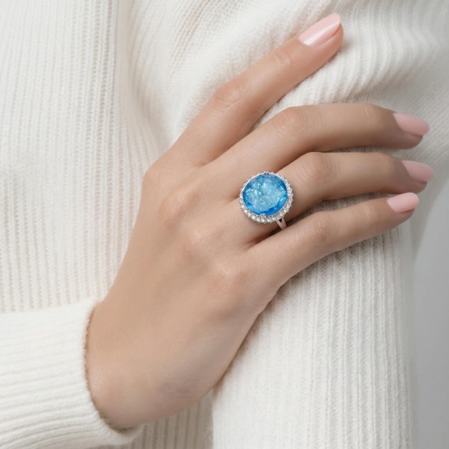 16.5 carat authentic Swiss Blue Topaz .925 Sterling Silver dipped in rhodium handmade Statement Ring size 8 - photo 1