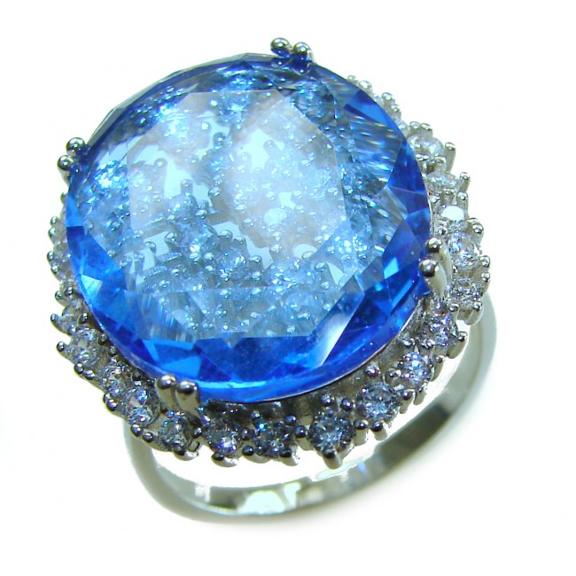 16.5 carat authentic Swiss Blue Topaz .925 Sterling Silver dipped in rhodium handmade Statement Ring size 8 - photo 3