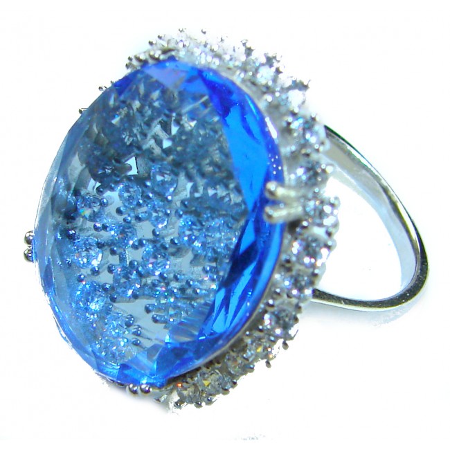 16.5 carat authentic Swiss Blue Topaz .925 Sterling Silver dipped in rhodium handmade Statement Ring size 8 - photo 2
