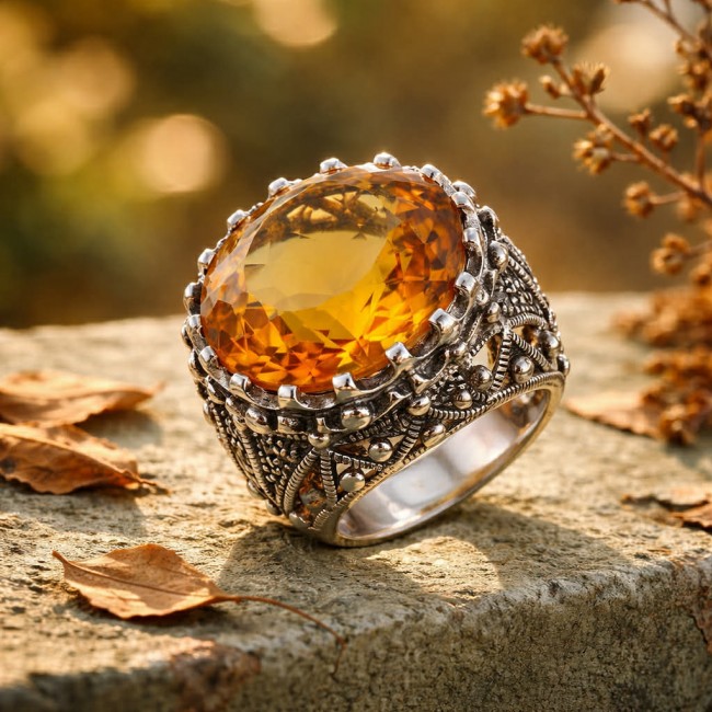 Serenity Natural 38.4 carat GOLDEN Topaz Marcasite .925 Sterling Silver handmade Large Statement Ring size 8
