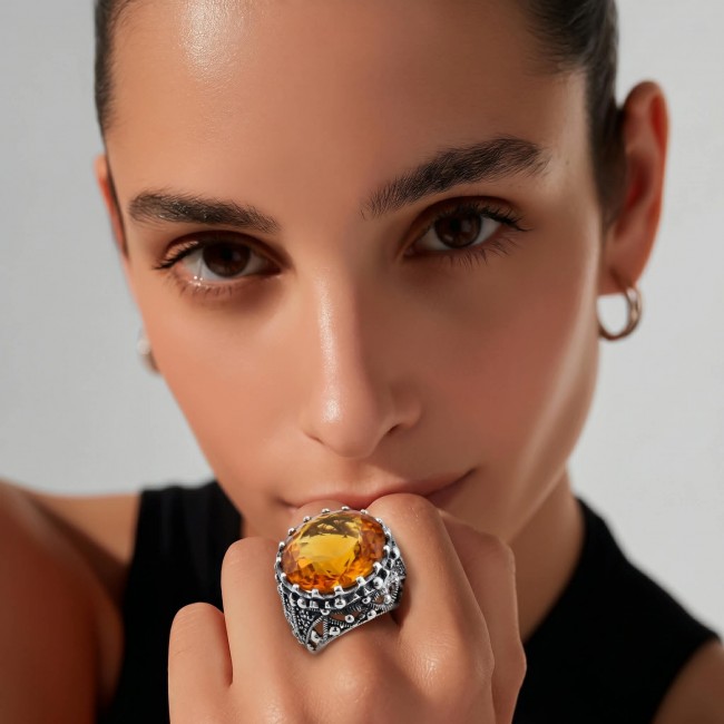 Serenity Natural 38.4 carat GOLDEN Topaz Marcasite .925 Sterling Silver handmade Large Statement Ring size 8