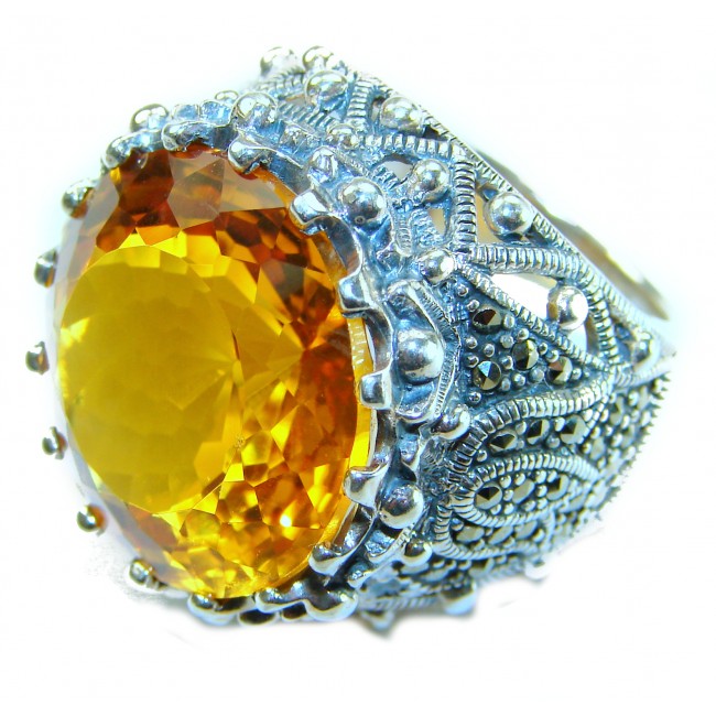 Serenity Natural 38.4 carat GOLDEN Topaz Marcasite .925 Sterling Silver handmade Large Statement Ring size 8