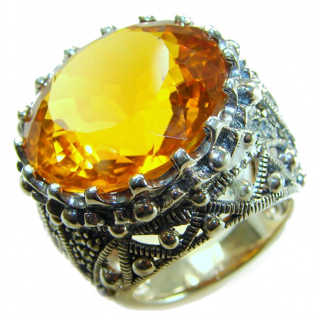 Serenity Natural 38.4 carat GOLDEN Topaz Marcasite .925 Sterling Silver handmade Large Statement Ring size 8