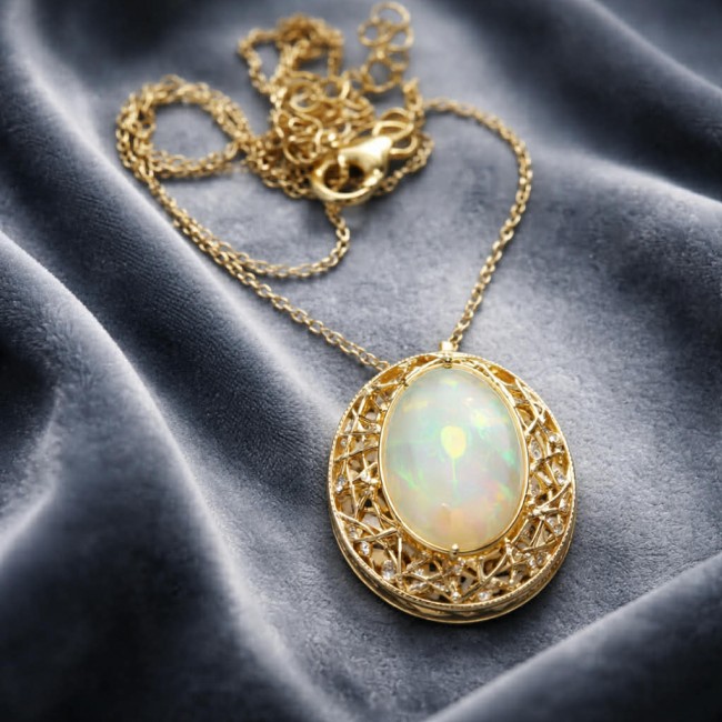 Earth Treasure Authentic 12.8 carat Golden Ethiopian Opal 22K Gold over .925 Sterling Silver handcrafted Statament Necklace - photo 4