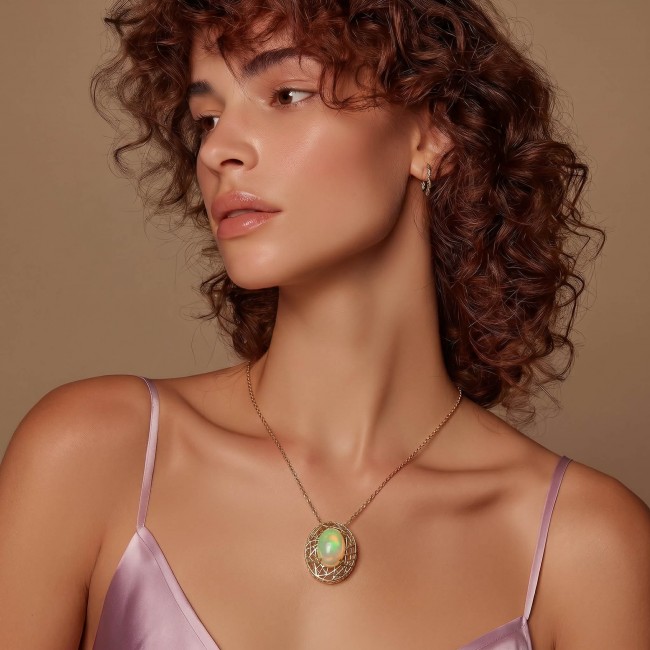 Earth Treasure Authentic 12.8 carat Golden Ethiopian Opal 22K Gold over .925 Sterling Silver handcrafted Statament Necklace - photo 1