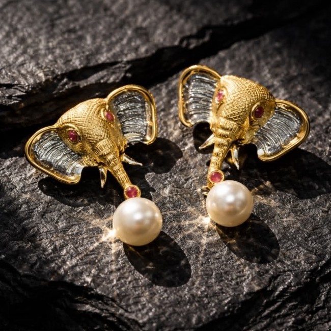 Elephant Authentic Ruby Pearl 2 tones .925 Sterling Silver handcrafted earrings - photo 4