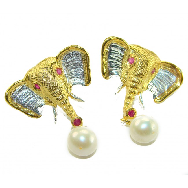 Elephant Authentic Ruby Pearl 2 tones .925 Sterling Silver handcrafted earrings - photo 3