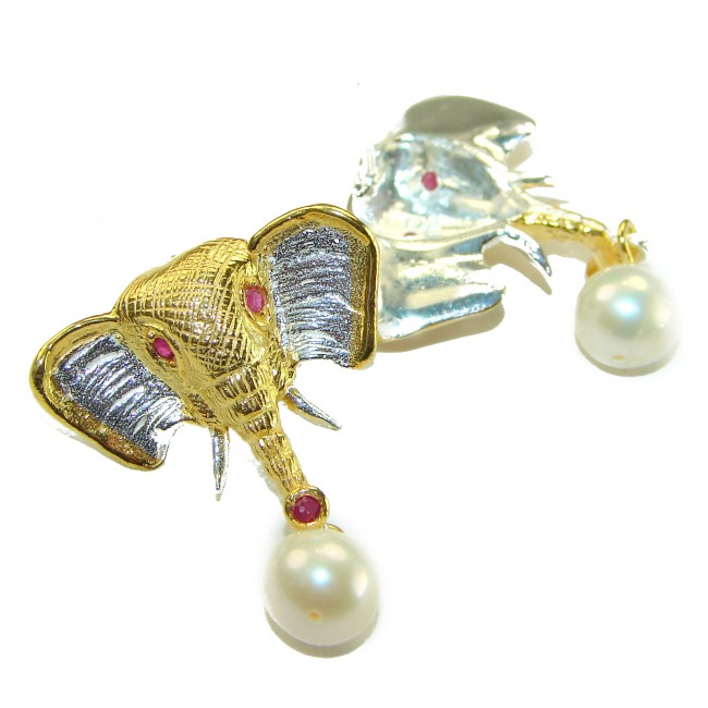 Elephant Authentic Ruby Pearl 2 tones .925 Sterling Silver handcrafted earrings - photo 2