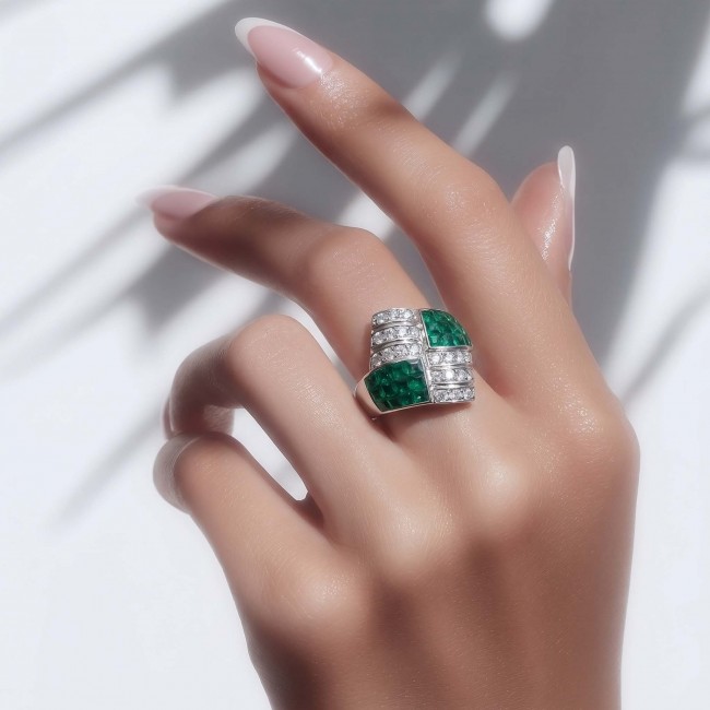 Born to Glam authentic 12.8 carat Colombian Emerald .925 Sterling Silver handcrafted Statement Ring size 8 - photo 1