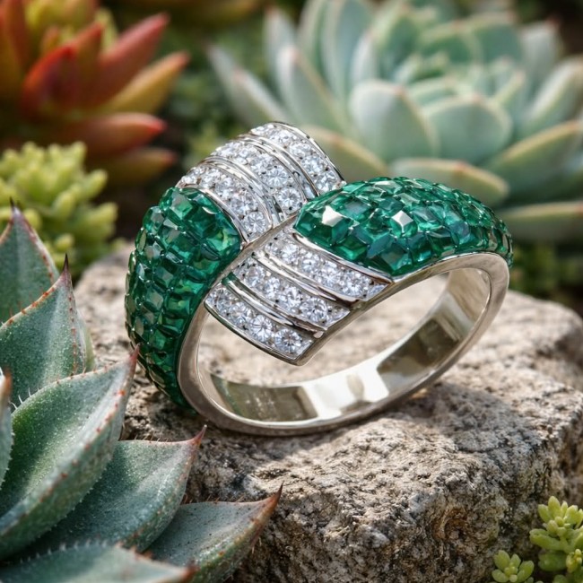 Born to Glam authentic 12.8 carat Colombian Emerald .925 Sterling Silver handcrafted Statement Ring size 8 - photo 2