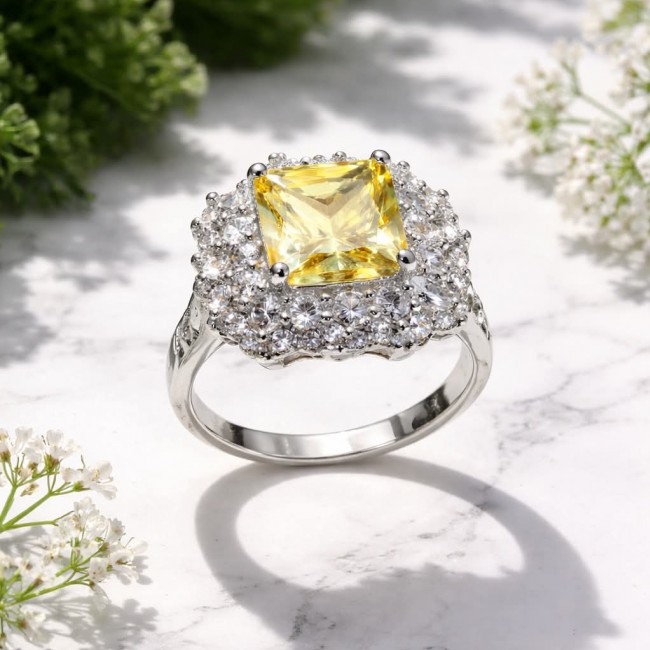 Splendid cushion cut 4.2 carat yellow Sapphire .925 Sterling Silver brilliantly handcrafted ring s. 7 1/2 - photo 4