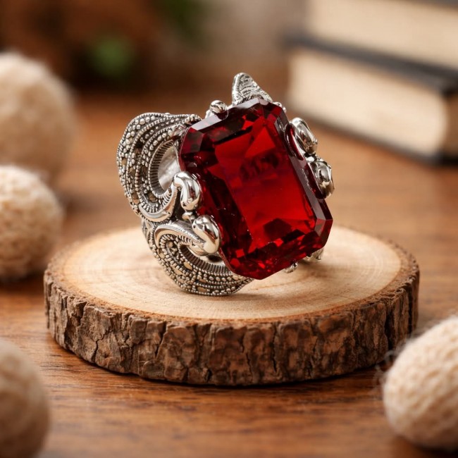 Two Swans Authentic 27.4 carat Garnet .925 Sterling Silver brilliantly handcrafted large Statement Ring size 8 1/4