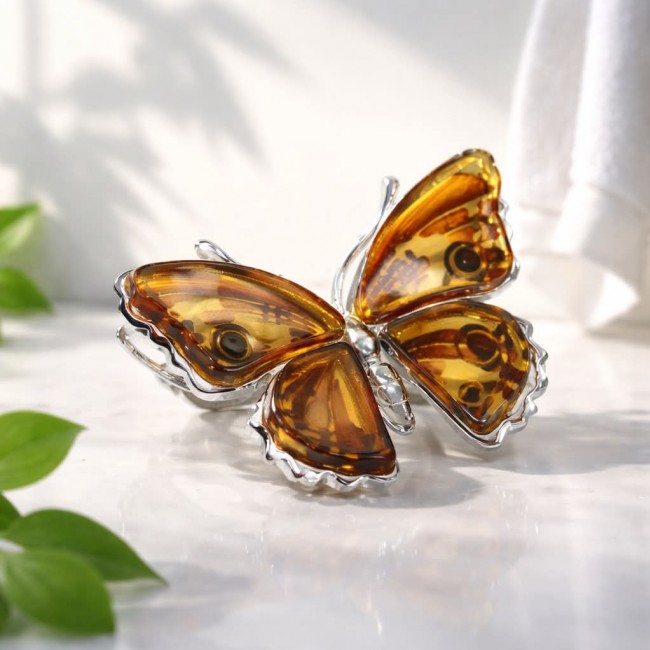 Cute Butterfly Authentic carved Baltic Amber .925 Sterling Silver handcrafted pendant