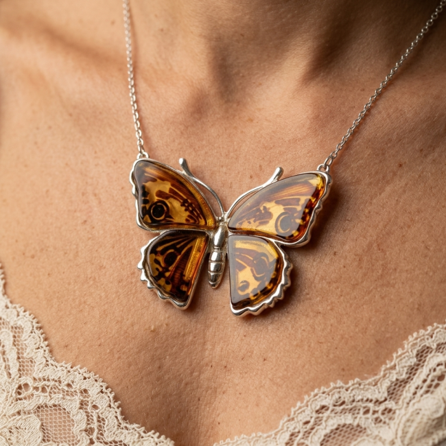 Cute Butterfly Authentic carved Baltic Amber .925 Sterling Silver handcrafted pendant