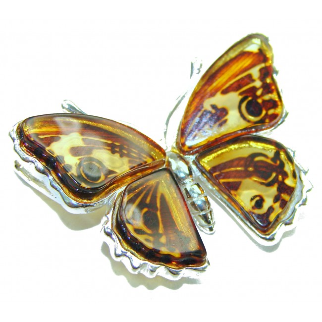 Cute Butterfly Authentic carved Baltic Amber .925 Sterling Silver handcrafted pendant