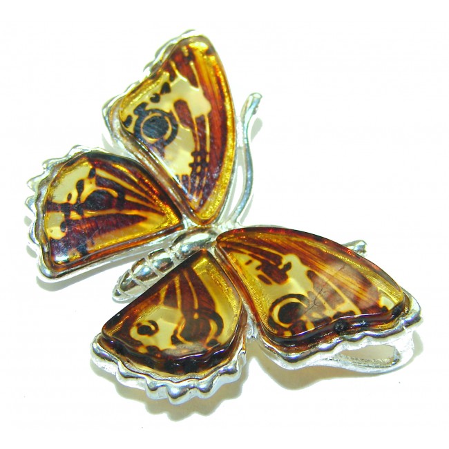 Cute Butterfly Authentic carved Baltic Amber .925 Sterling Silver handcrafted pendant