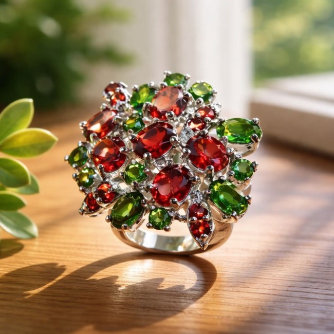 Stella - 14.2 carat Garnet Chrome Diopside .925 Sterling Silver handcrafted incredible Statement Ring size 8 - photo 4