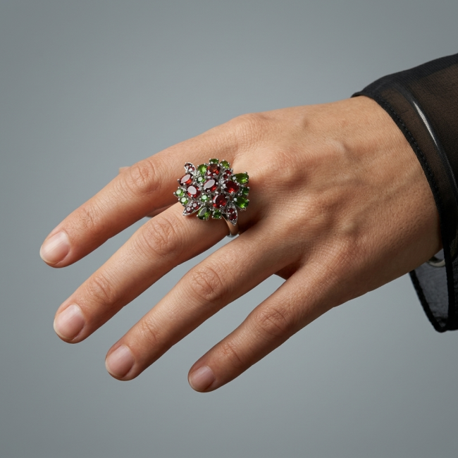Stella - 14.2 carat Garnet Chrome Diopside .925 Sterling Silver handcrafted incredible Statement Ring size 8 - photo 1