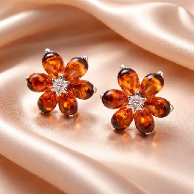 Summer Flowers Baltic Polish Amber .925 Sterling Silver earrings - photo 3
