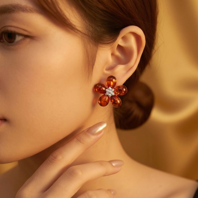 Summer Flowers Baltic Polish Amber .925 Sterling Silver earrings - photo 2