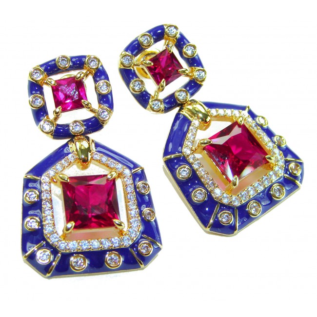 Art deco Magnificent Jewel 6.4 carat Ruby blue enamel .925 Sterling Silver dipped in 18K Gold handcrafted incredible earrings