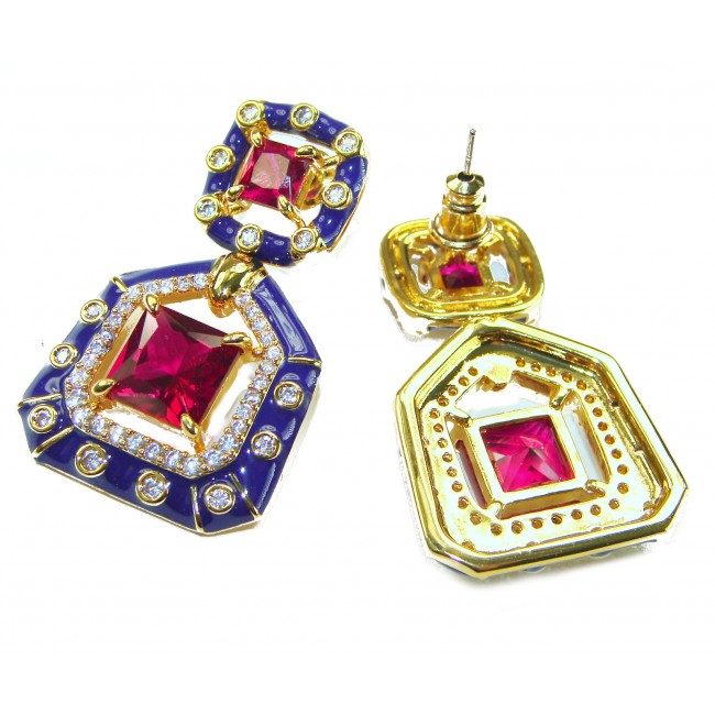 Art deco Magnificent Jewel 6.4 carat Ruby blue enamel .925 Sterling Silver dipped in 18K Gold handcrafted incredible earrings