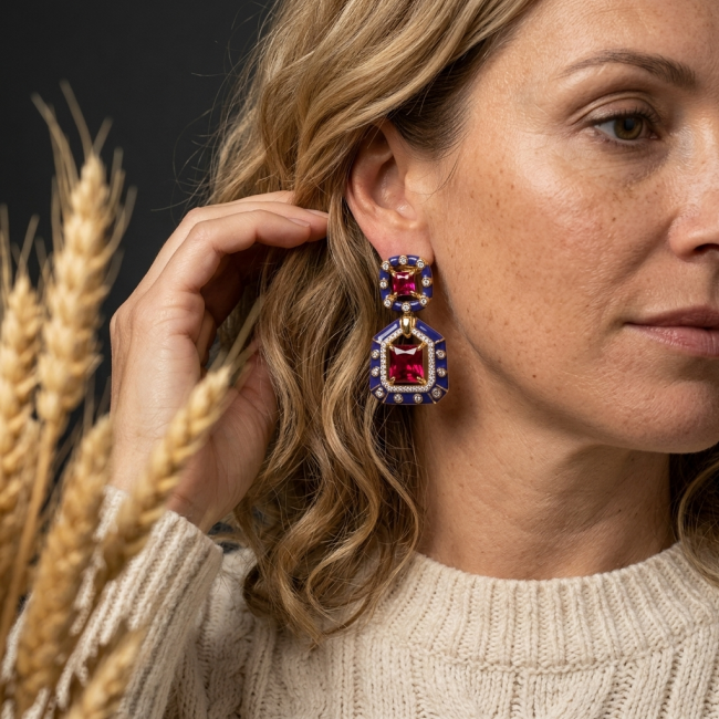 Art deco Magnificent Jewel 6.4 carat Ruby blue enamel .925 Sterling Silver dipped in 18K Gold handcrafted incredible earrings