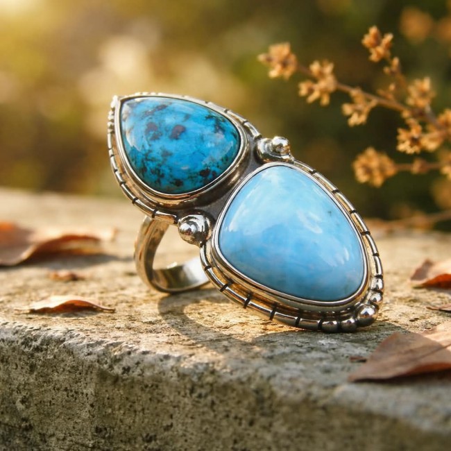 Duo Perfection Blue Larimar Turquoise .925 Sterling Silver handmade Large ring size 8