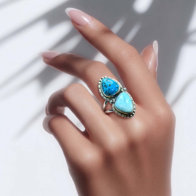 Duo Perfection Blue Larimar Turquoise .925 Sterling Silver handmade Large ring size 8