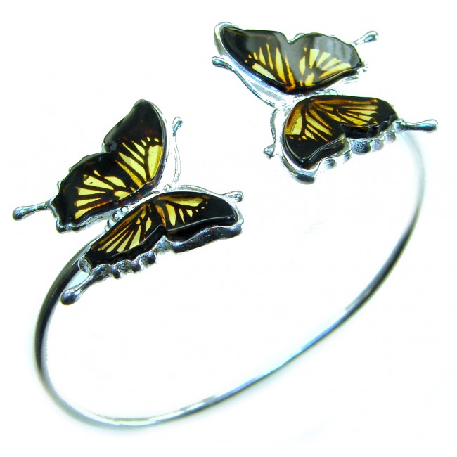 Golden Butterfly Genuine carved Baltic Amber .925 Sterling Silver handamde Bracelet - photo 3