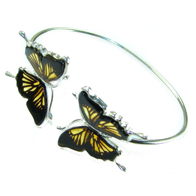 Golden Butterfly Genuine carved Baltic Amber .925 Sterling Silver handamde Bracelet - photo 2