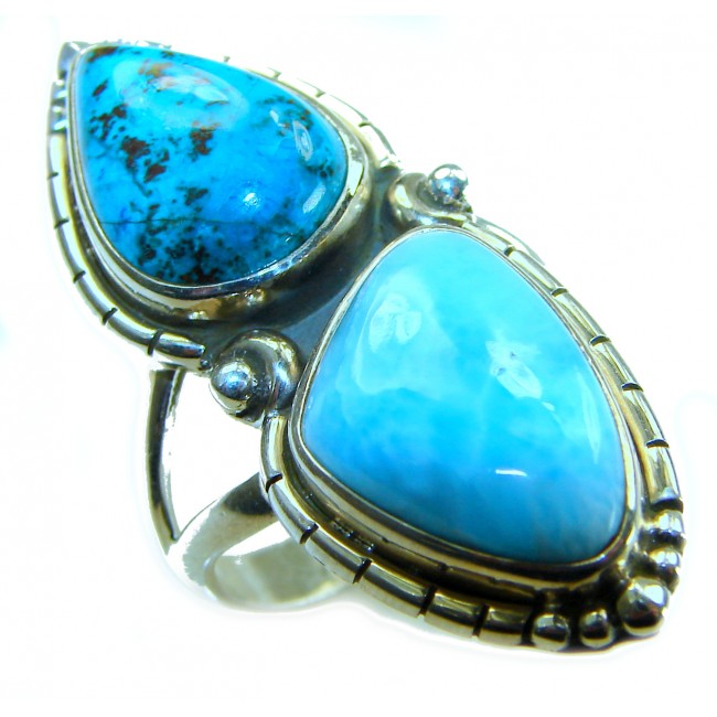 Duo Perfection Blue Larimar Turquoise .925 Sterling Silver handmade Large ring size 8