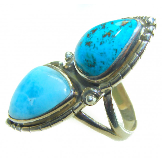 Duo Perfection Blue Larimar Turquoise .925 Sterling Silver handmade Large ring size 8