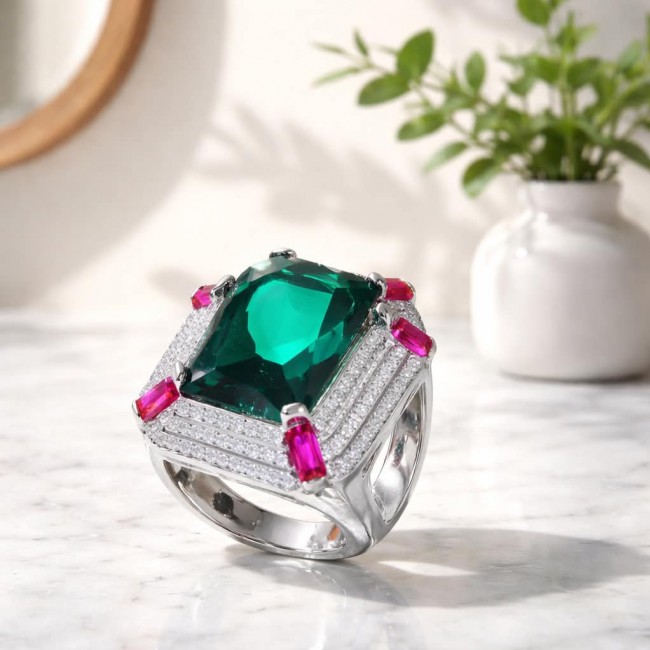 Art Deco 10.5 ctw Emerald Ruby .925 Sterling Silver handcrafted Statement Ring size 7 3/4 - photo 4