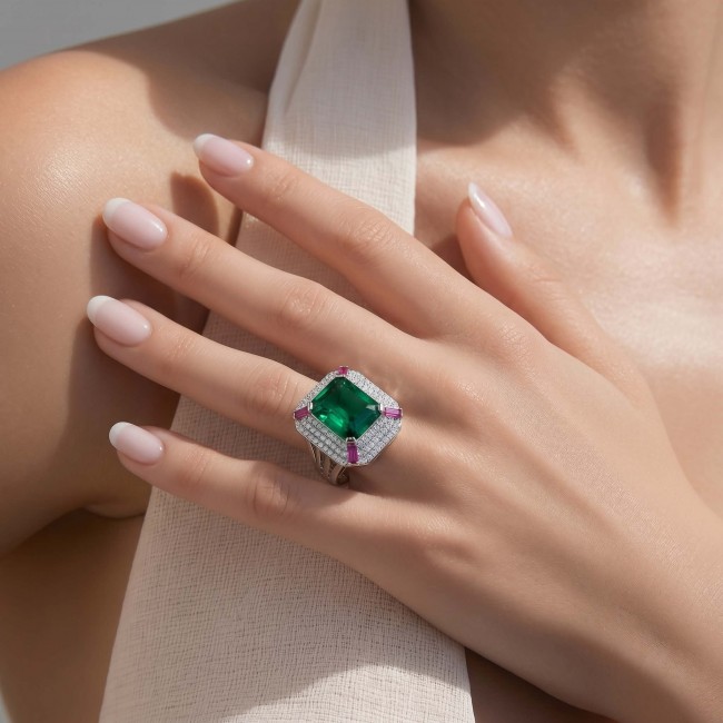 Art Deco 10.5 ctw Emerald Ruby .925 Sterling Silver handcrafted Statement Ring size 7 3/4 - photo 1