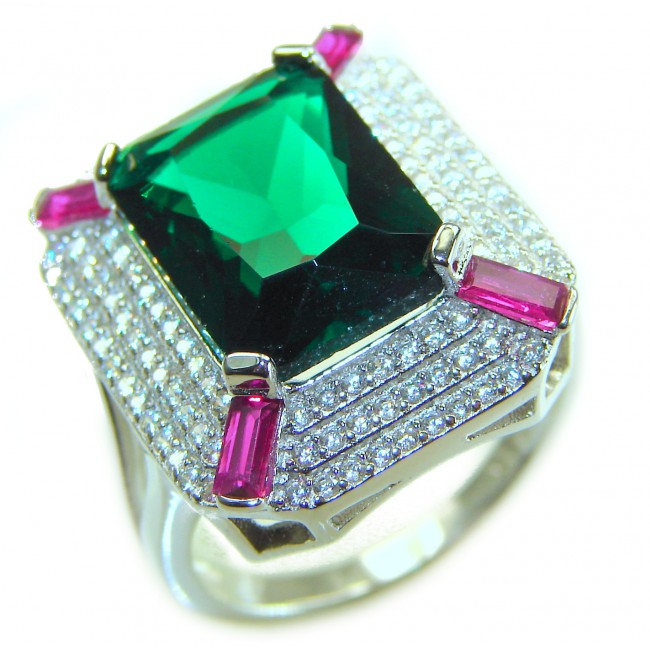 Art Deco 10.5 ctw Emerald Ruby .925 Sterling Silver handcrafted Statement Ring size 7 3/4 - photo 3