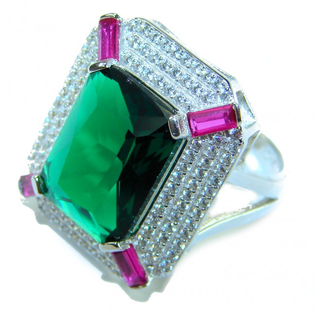Art Deco 10.5 ctw Emerald Ruby .925 Sterling Silver handcrafted Statement Ring size 7 3/4 - photo 2