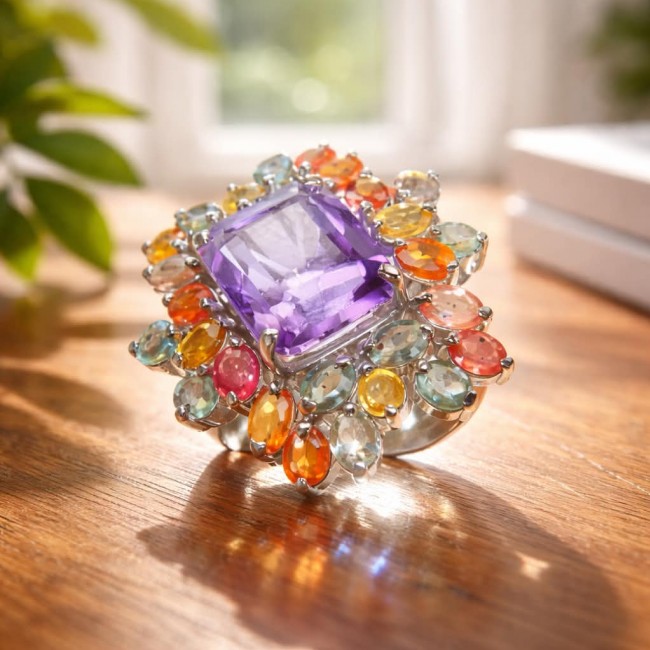 Anastasia 20.2 carat Amethyst multicolor Sapphire .925 Sterling Silver Handcrafted Statement Ring size 7 - photo 4