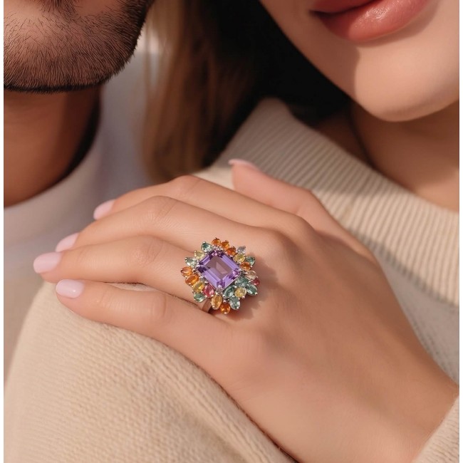Anastasia 20.2 carat Amethyst multicolor Sapphire .925 Sterling Silver Handcrafted Statement Ring size 7 - photo 1