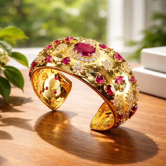 Byzantine design Authentic Ruby 12.2 carat 18K Gold over .925 Sterling Silver handcrafted Bracelet / Cuff