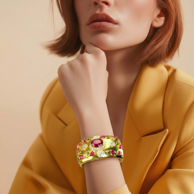 Byzantine design Authentic Ruby 12.2 carat 18K Gold over .925 Sterling Silver handcrafted Bracelet / Cuff