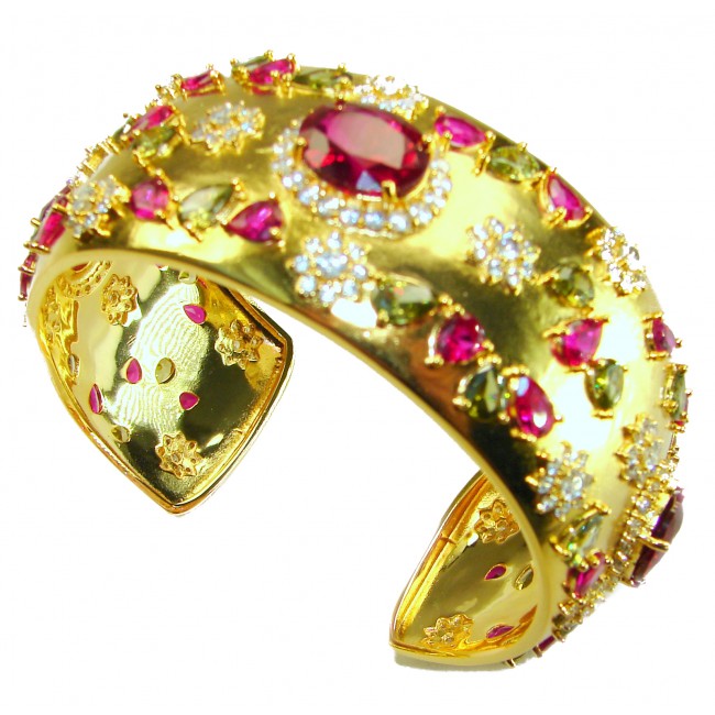 Byzantine design Authentic Ruby 12.2 carat 18K Gold over .925 Sterling Silver handcrafted Bracelet / Cuff