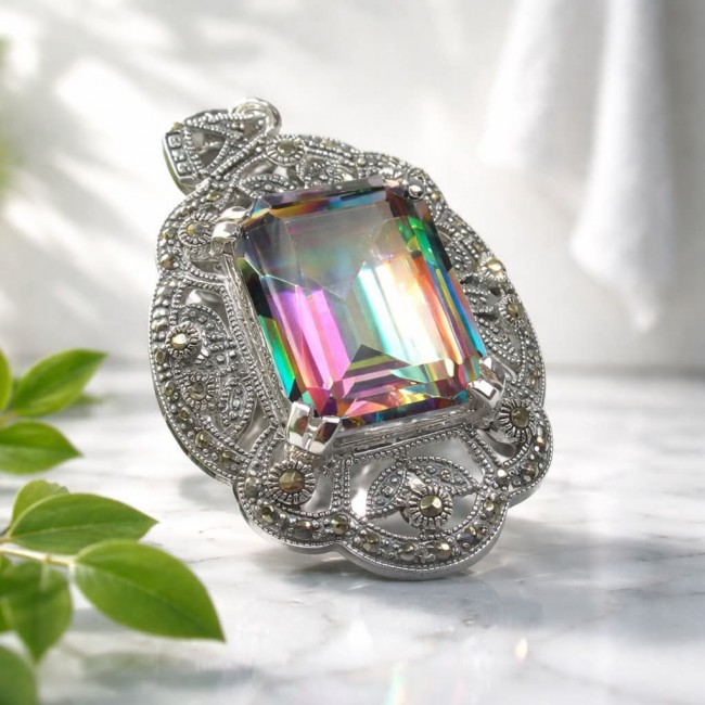 Spectacular 14.2 cut Mystic Topaz Marcasite .925 Sterling Silver handcrafted Pendant