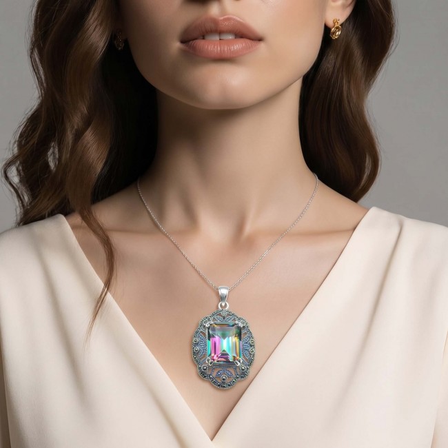Spectacular 14.2 cut Mystic Topaz Marcasite .925 Sterling Silver handcrafted Pendant