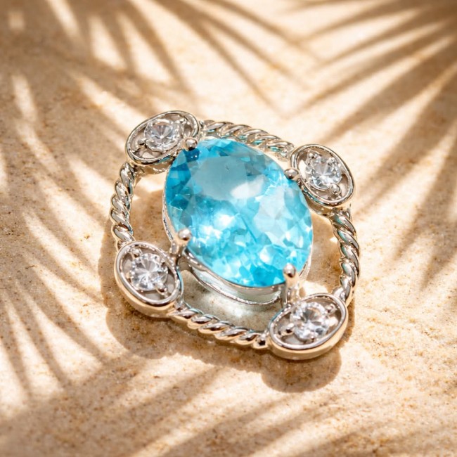 Atlantica oval cut 9.9 carat Swiss Blue Topaz rhodium ver .925 Sterling Silver Handcrafted Pendant