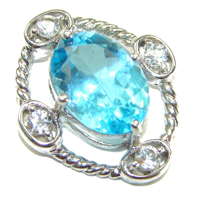 Atlantica oval cut 9.9 carat Swiss Blue Topaz rhodium ver .925 Sterling Silver Handcrafted Pendant