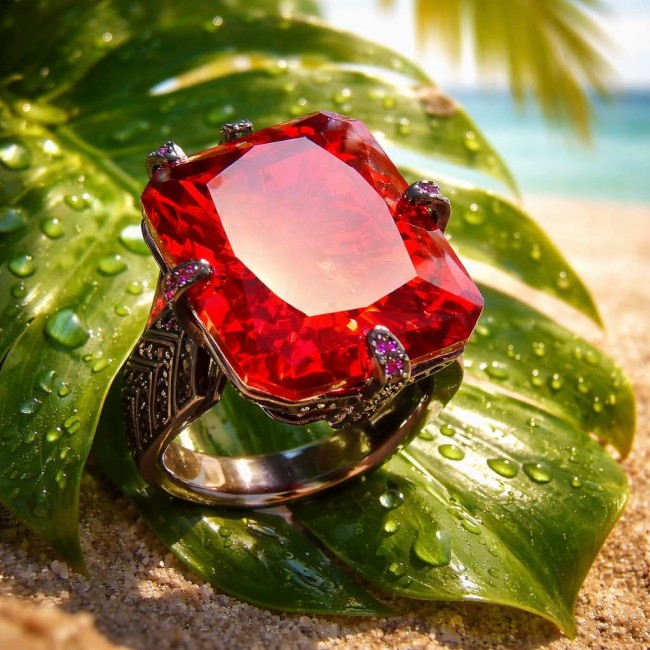 Carmen Authentic 22.4 carat Garnet .925 Sterling Silver dipped in black rhodium brilliantly handcrafted large Statement Ring size 7 adjustable - photo 4